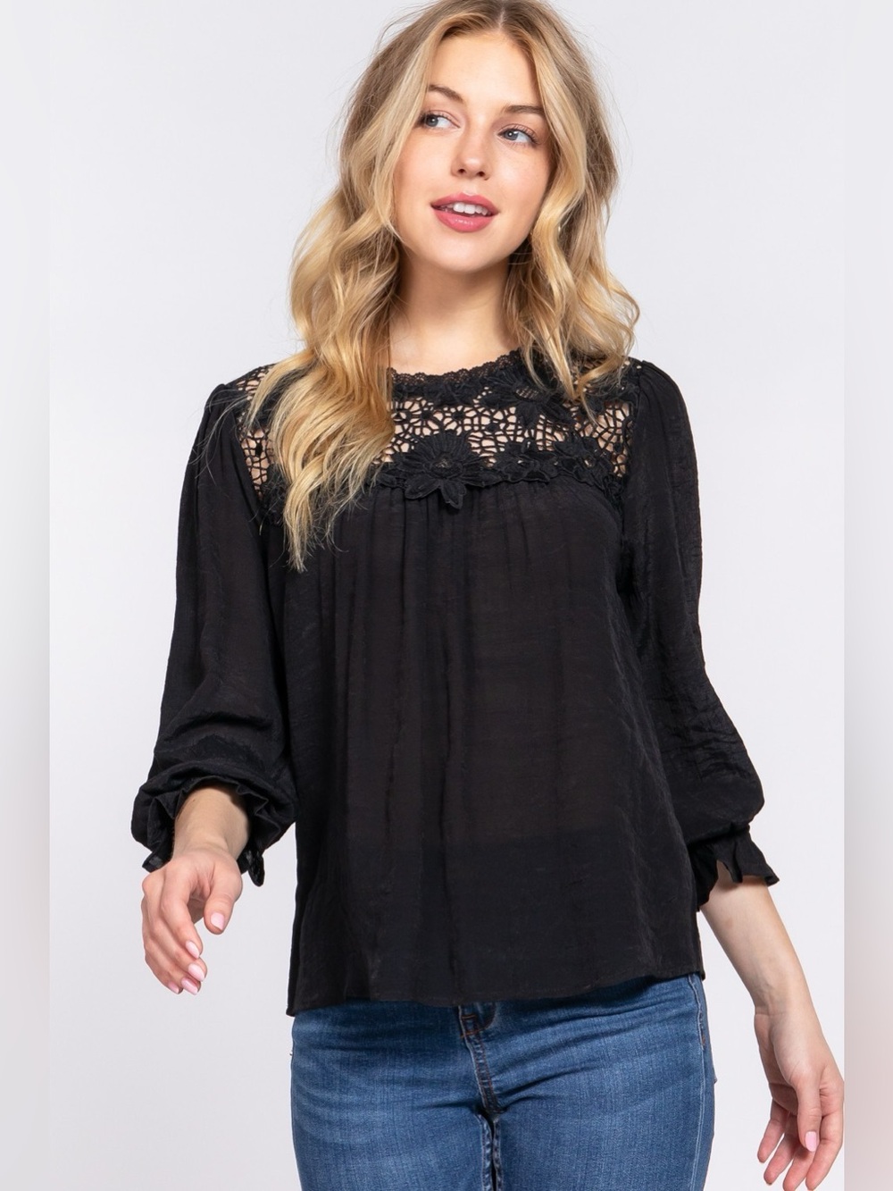 ACTIVE BASIC Crochet Lace Panel Flounce Sleeve Blouse